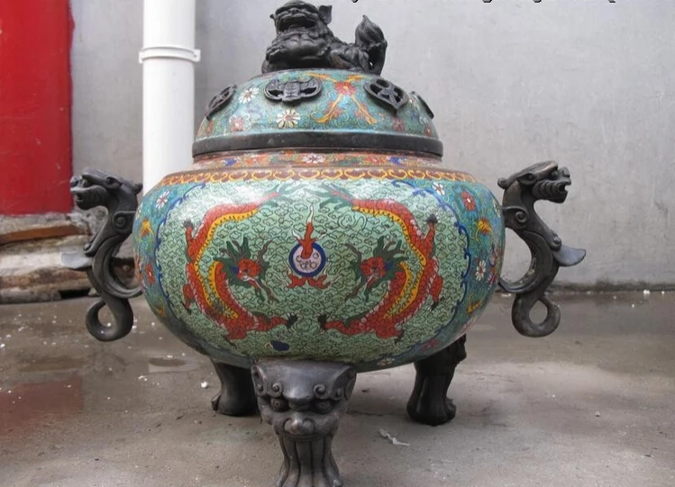 

xd 001664 China pure Bronze handwork cloisonne Dragon Foo Dogs Lion incense burner Censer
