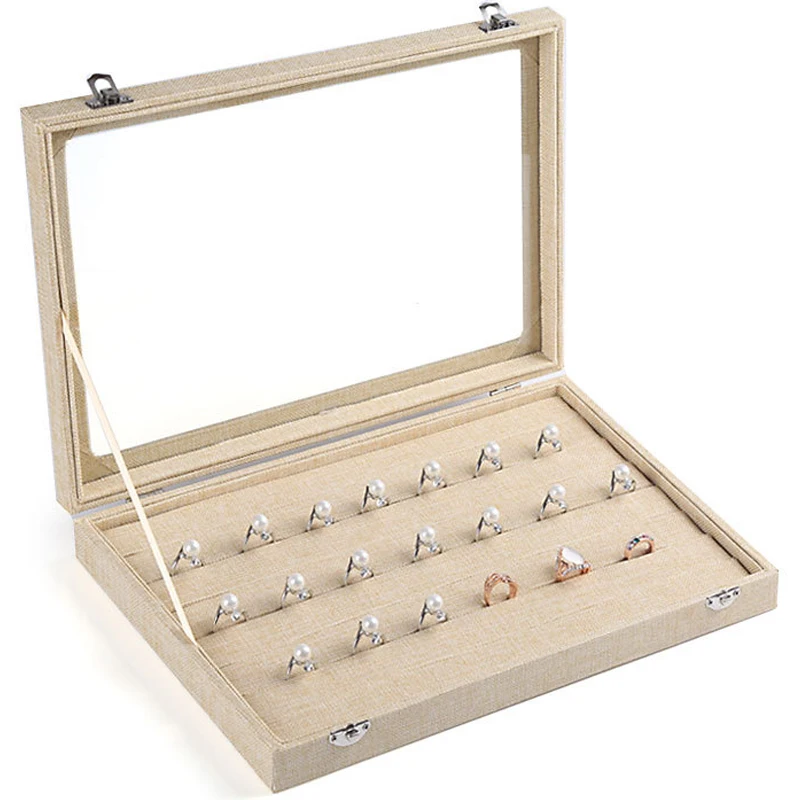 Hot Sale High end Linen Ring Jewelry Box Glass Lid Jewelry Box Stud