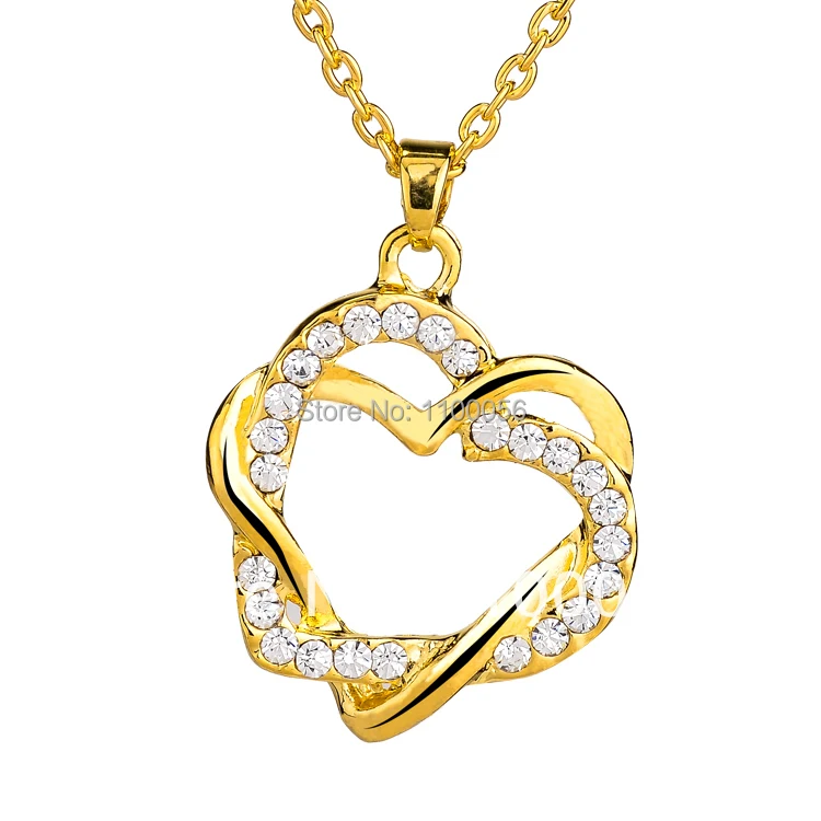 

FineJewelry Double Heart women necklace Gold Rhinestone necklaces Wedding Multi Layer Necklace Gold Chain Plated Necklace T1446