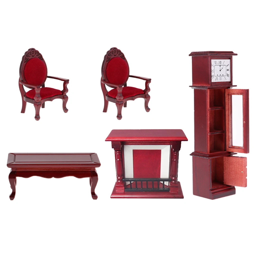 MagiDeal 5pieces 1:12 Dollhouse Wood Table Chair Floor Clock & Fireplace Set