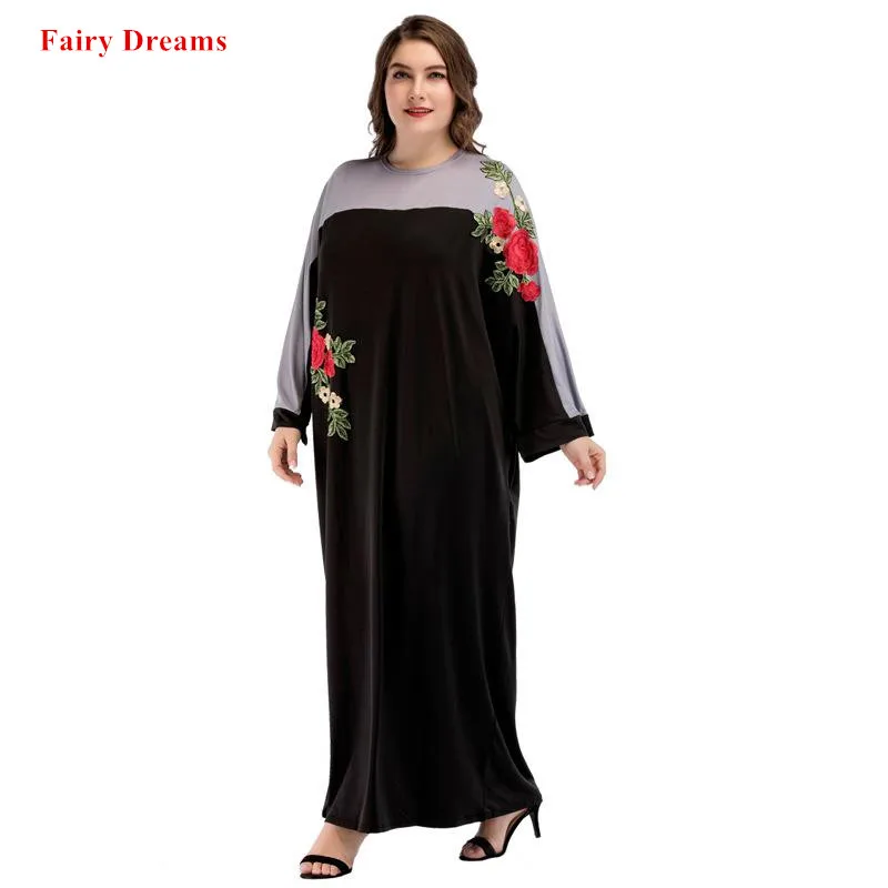 Черный Moslim Abayas Для женщин Дубай Костюмы цветы вышивка 2018 длинное платье Кафтан