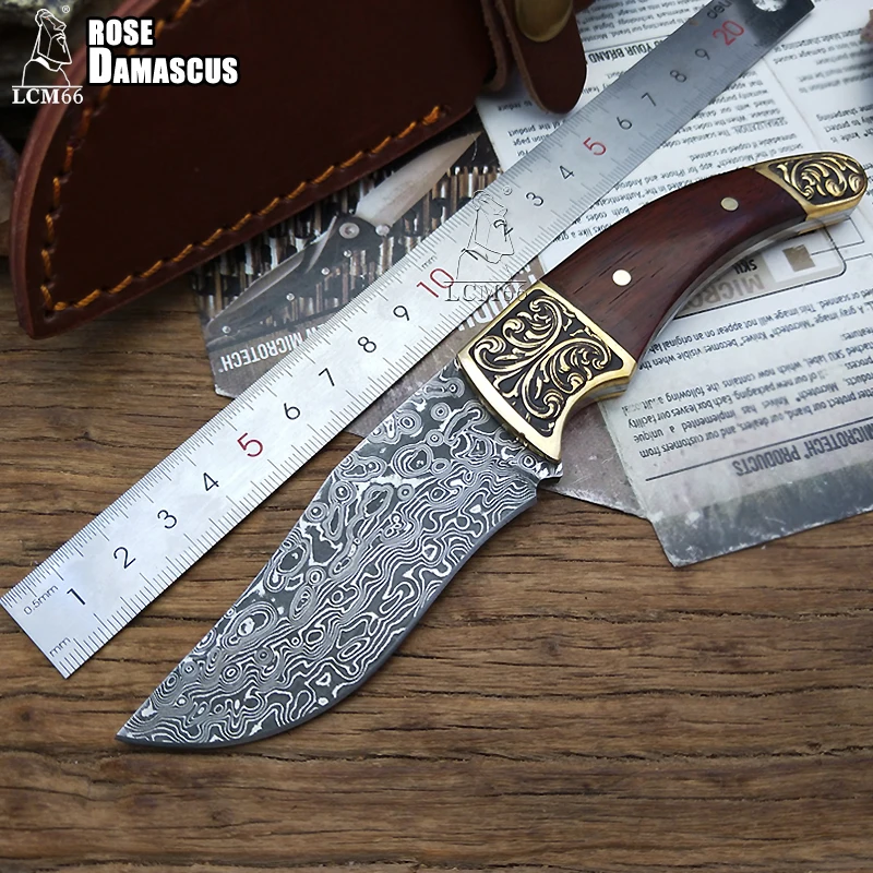 

LCM66 Damascus small hunting knife fixed knife Handmade forged 60HRC Portable Straight knife Outdoor Tools High-end knife gift