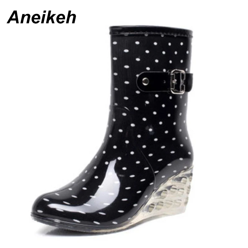 Aneikeh Fashion New PVC Rain Boots Waterproof Flat shoes Woman Rain