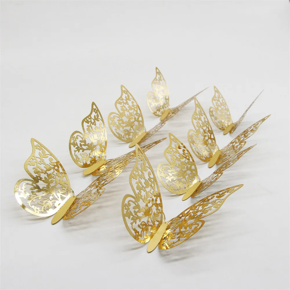 12 шт./лот 3D полые золотые серебряные бабочки настенные наклейки художественные домашние декоративные настенные наклейки для вечерние, свадебные