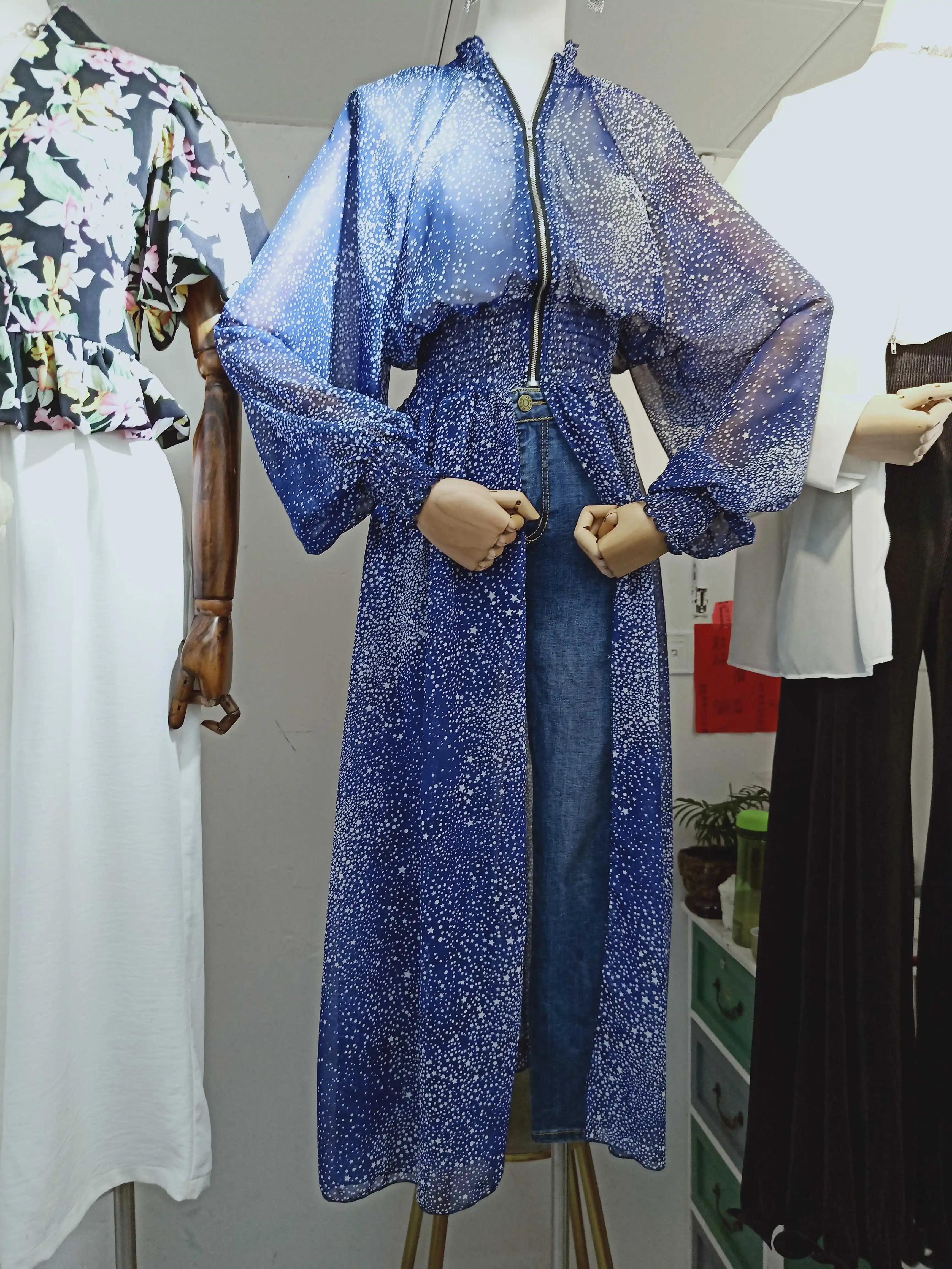 

Women Summer Star Print High Waist Chiffon Zipper Split Shirt Boho Beach Blouse Sunscreen Sun Protection Shirts Tops Blusas