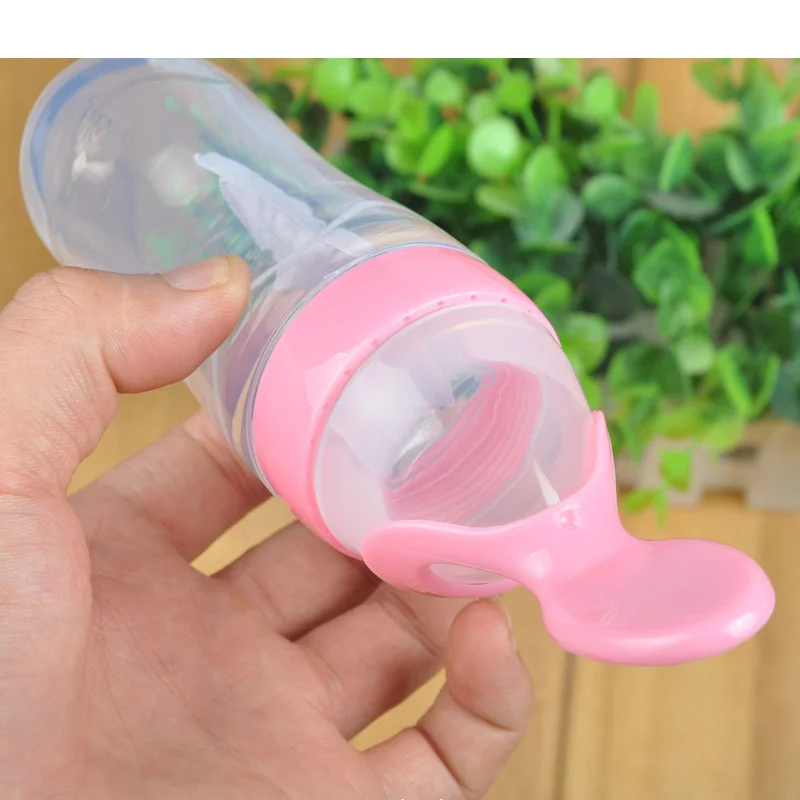 Горячие Младенческая силикагель кормление из бутылочки с ложкой для новорожденных Кулинария для детей дополнение риса Крупы бутылок 3 цвета - Цвет: Розовый