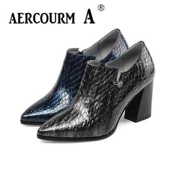 

Aercourm A 2019 Women Genuine Leather Shoes Square Heel Pumps Spring Gun-color Blue Brand Shoes Serpentine Thick Heel Lady Pumps