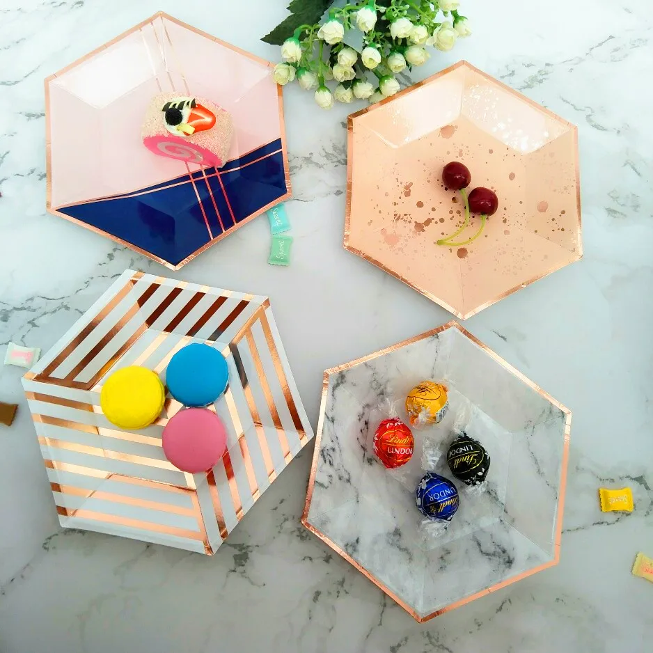

24pcs Blush Pink Paper Plates Navy Blue and Rose Gold Party Decor Girl First Birthday Dessert Tableware Cake Dishes Rose Plate