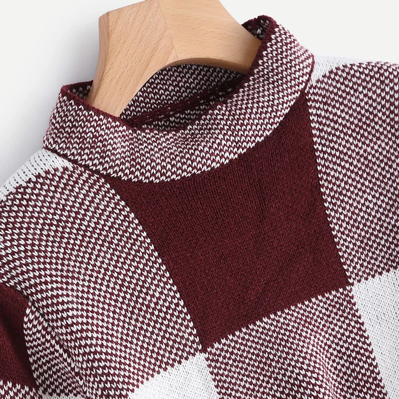 SweatyRocks бордовый короткий свитер с высокой горловиной в мелкую клетку элегантный офисный женский топ со стоячим воротником осень Женская рабочая одежда свитера