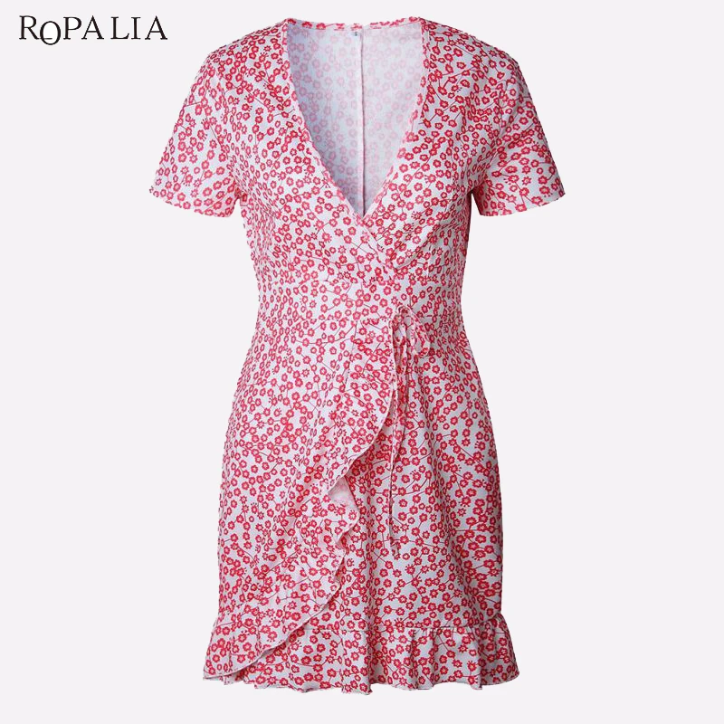 casual sexy deep v neck floral print short sleeve mini dresses