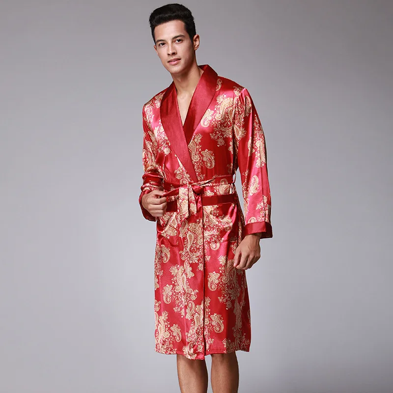 Новое поступление темно-синий китайский мужской халат из искусственного шелка Новинка кимоно юката платье летняя одежда для сна Размер M L XL XXL XXXL - Цвет: red