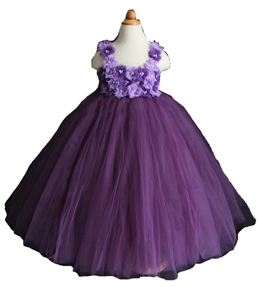 ФОТО Children Dress purple  Princess Dresses Girls Wedding Dresses Mesh Yarn TUTU  Puff Birthday Flower Child Long