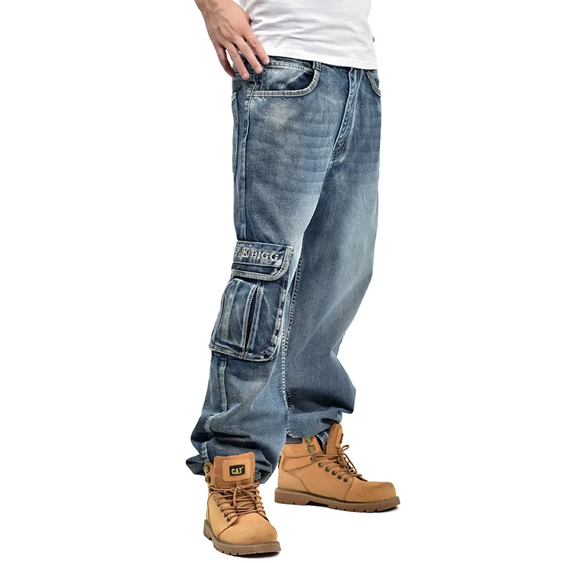 UUYUK Men Ripstop Straight Leg Multi-Pockets Plus Size Cargo Denim Pants Jeans