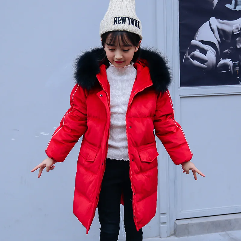 Пуховые куртки для девочек для русской зимы детская длинная куртка с меховым капюшоном для девочек детская утепленная теплая верхняя одежда, пальто - Цвет: Model 1 Red