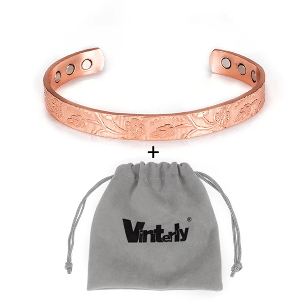 Vinterly, открытые манжеты, регулируемые браслеты для женщин, энергия здоровья, магнитные браслеты, цветочный узор, чистые медные браслеты и браслеты - Окраска металла: С черным цинковым покрытием