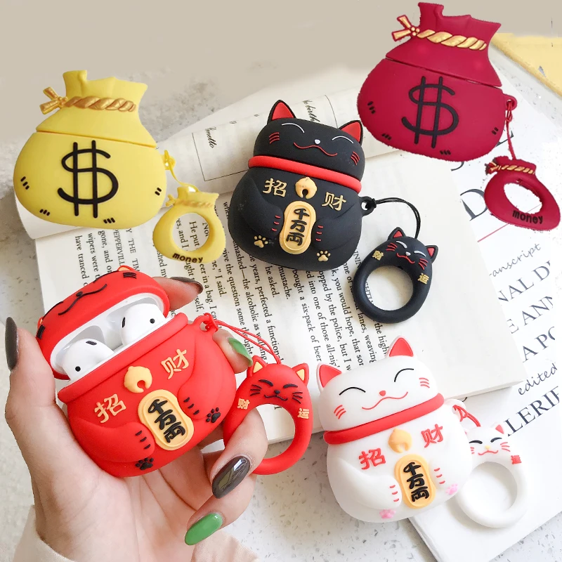 

3D Cute Smile Lucky Cat Money Bag Silicone Case for Apple Airpods 1 2 Wireless Earphone Headphone Chinese Lucky Words Cover Box