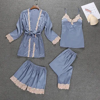 

VVUES Satin Sleepwear with Chest Pads Sexy Women Pajamas Lace Silk Sleep Lounge 4 Pieces Sets Embroidery Ladies Indoor Clothing