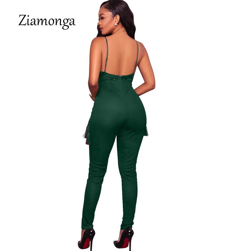 Ziamonga женский сексуальный комбинезон черного, зеленого, синего, красного цвета на тонких бретелях с v-образным вырезом и блестками с кисточками, Модный комбинезон для подиума