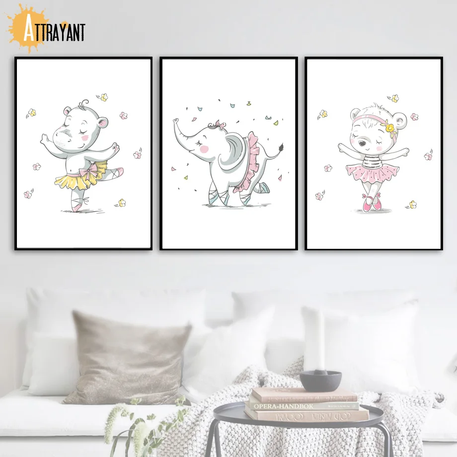 

Ballet Hippo Elephant Bear Wall Art Canvas Painting Nordic Posters And Prints Wall Pictures For Kids Baby Boy Girl Room Decor