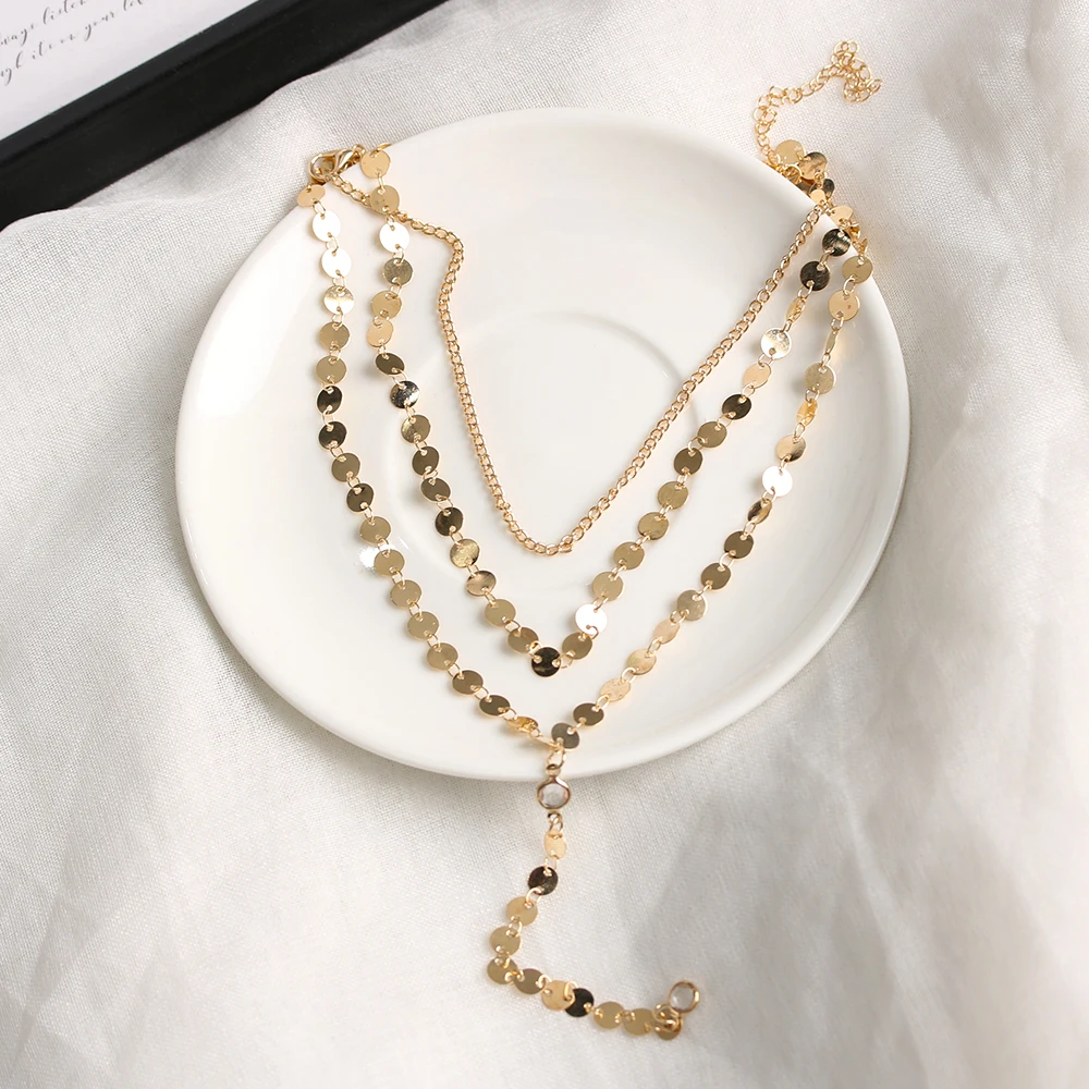

2019 New Necklace Gold Color Multiple Layers Sheet Chain Crystal Necklace for Couple Lovers Fashion Jewelry Accessories