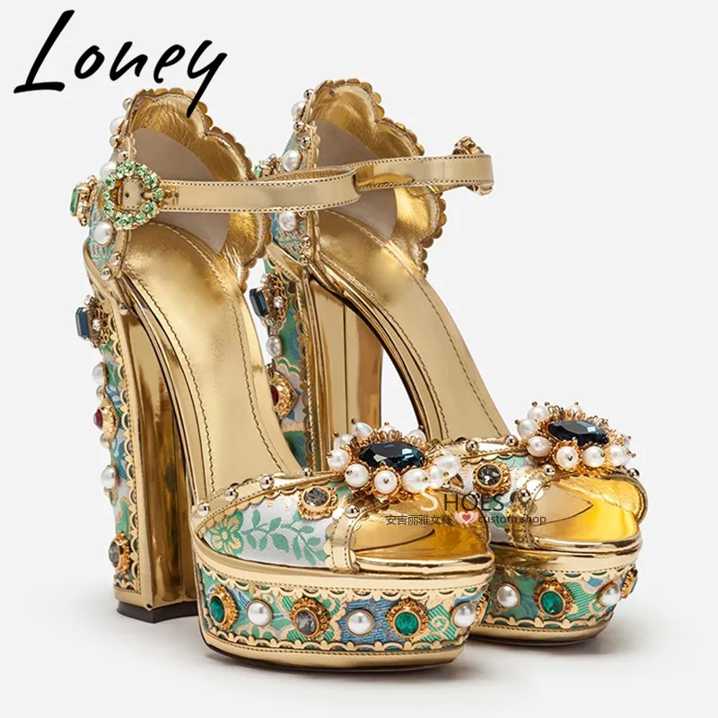 

Loney New Genuine Leather Jewel Beading Summer Sandals Printed Floral Sexy Platform HIgh Heel Sandals Shoes Women