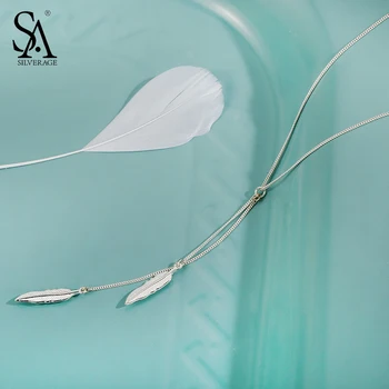 SA SILVERAGE Feather Tassel Pendant Necklace Real 925 Sterling Silver Necklaces Fine Jewelry Silver Wedding Pendants For Women