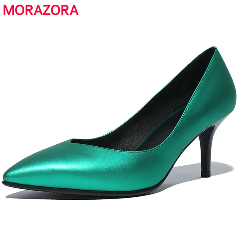 

MORAZORA Office lady sexy fashion single shoes genuine leather thin heels shoes 7cm four seasons works shoes solid women pumps