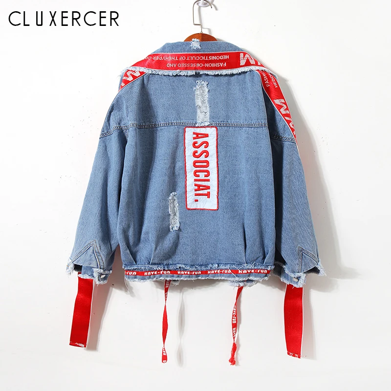 

Harajuku Streetwear Denim Jacket Women 2020 New Hip Hop Letter Embroidery Ribbon Female Jeans Coat