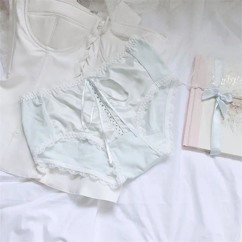 

2019 Women Briefs Sweet Milk Silk Underwear Solid Low Waist Lace Soft Pink Blue Ladies Panties Lovely Cute Lingeries