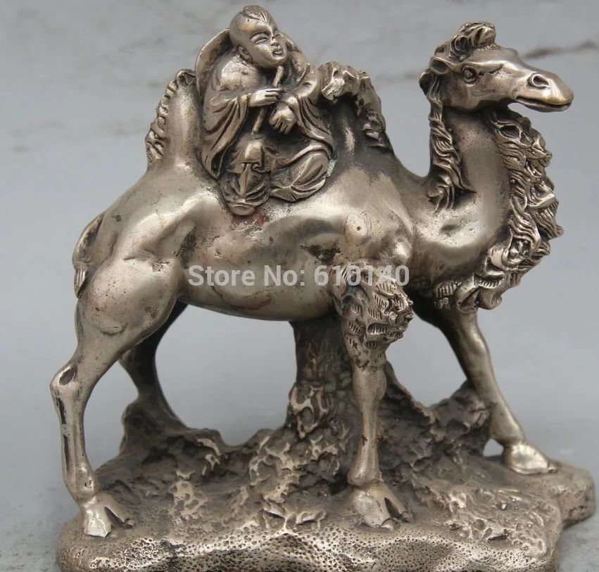 

7" Chinese Folk Silver Cowboy Lay Ride Camel Llama Ship Of The Desert Statue