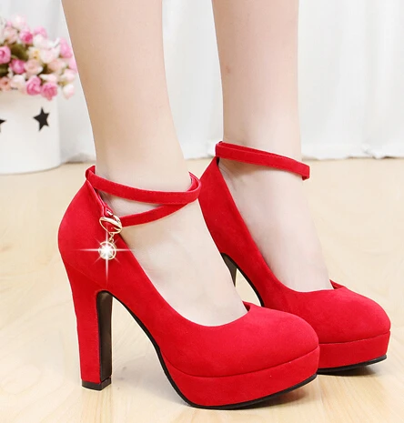 

Women Spring Autumn Thick High Heel Buckle Nubuck Leather Round Toe Fashion Wedding Red Pumps Size 34-40 SXQ0801