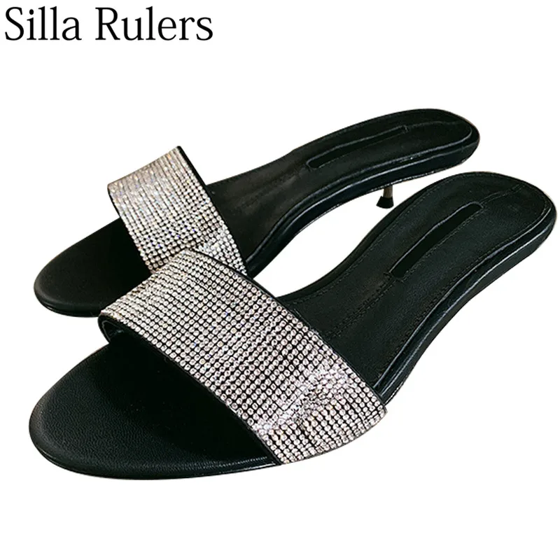 

Silla Rulers bling crystal peep toe slippers women black genuine leather thin heel slippers woman slip on ladies outside slipper