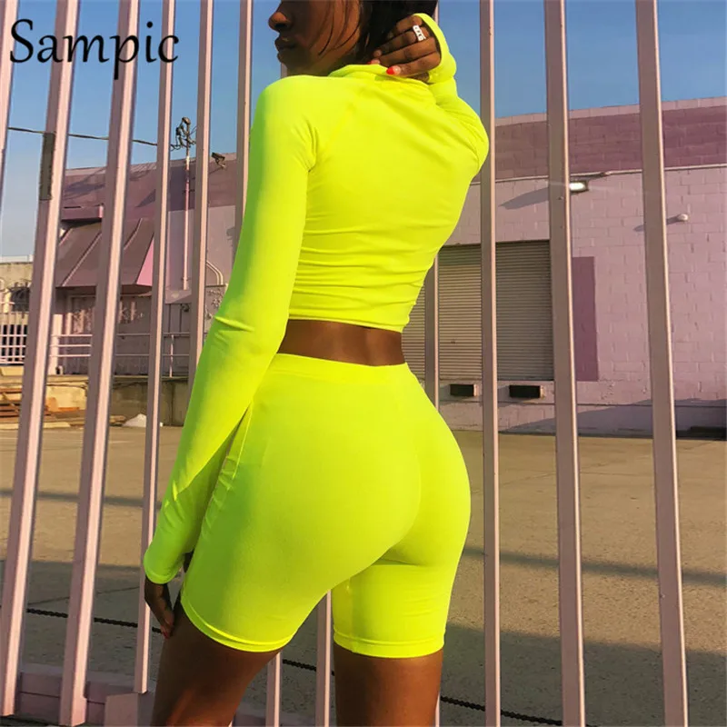 Sampic Biker Shorts Tracksuit Women Two Piece Set Long Sleeve Crop Top
