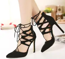 Sexy Brand Pointed Toe High Heels Lace up Hollow Gladiator Women Pumps Wedding Party Shoes Woman Zapatos