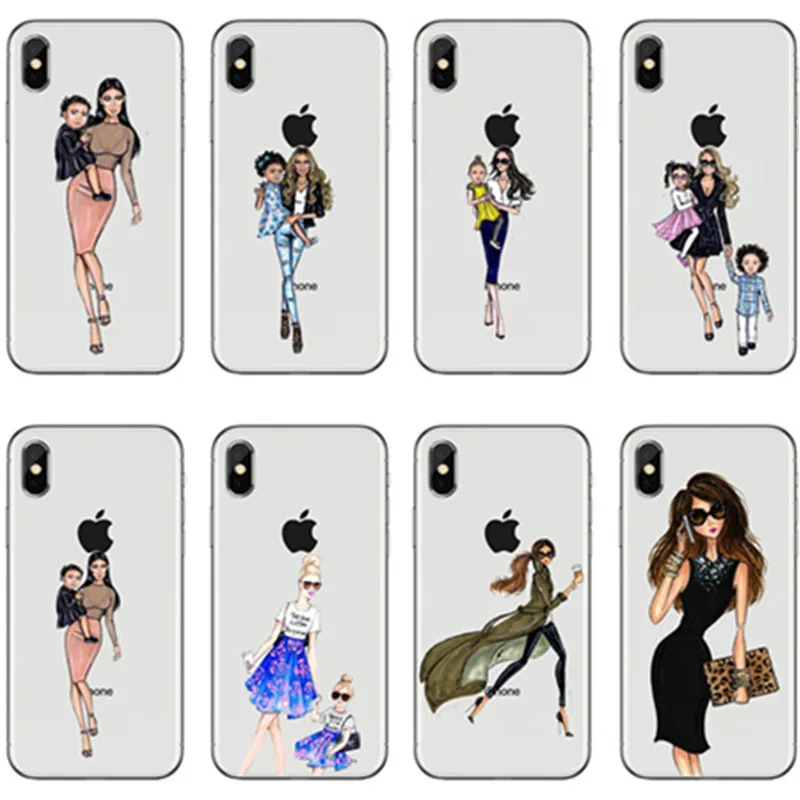 

seracase Cute Fashion Woman Girl Case For iPhone X 8 7 6 6s Plus 5 5s Mama Baby Pattern Transparent Clear Silicone Cover Capa
