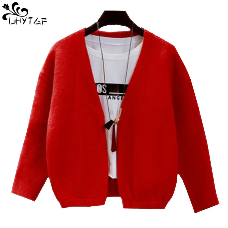 

UHYTGF Autumn Female Cardigan Sweater Knitted Top 2018 Korean Small fresh Sweater Coats Plus size Short Sweater Student Coat 456