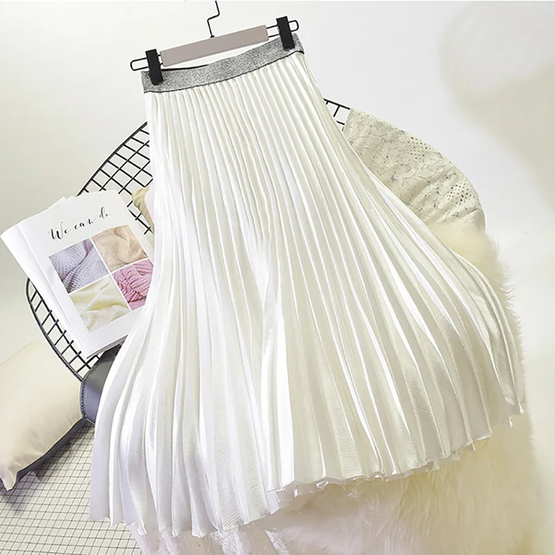 Aonibeier винтажная юбка металлик Осень Зима Высокая талия миди юбки контрастная Талия повседневные женские плиссированные юбки разные цвета - Цвет: White