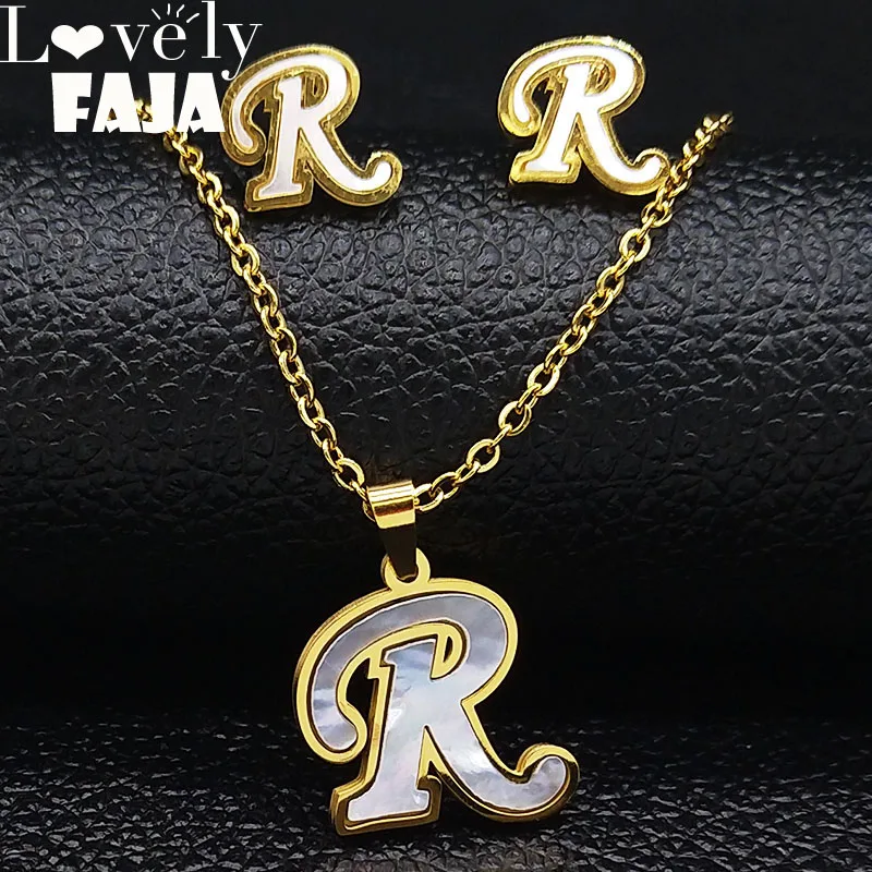 

2019 Fashion Shell Stainless Steel Earring Necklace Sets Women Gold Color R Letter Set Jewelry conjunto de joyas s178697