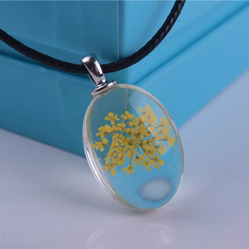 Gold Yellow Dry Flower Necklace Fashion Summer Jewelry Oval Glass
