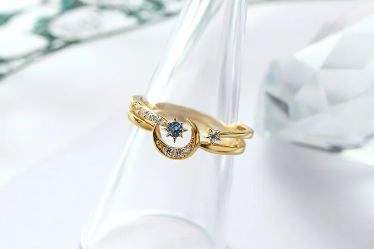 Модные 9 K чистого настоящего желтого золота кристаллическая звезда лунные кольца для женщин девушки подлинные Твердые драгоценные камни полосы прекрасные ювелирные изделия подарок Вечерние