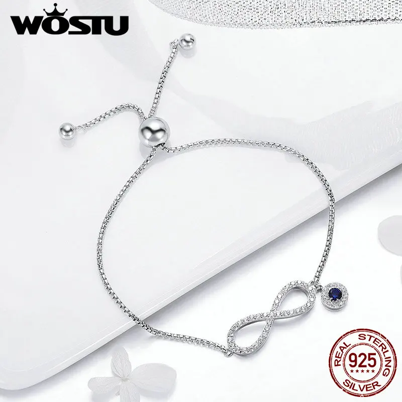 Kopen WOSTU 2019 100% 925 Sterling Zilver Sparkling Infinity Vrouwen Chain Link Armband Bruiloft Verstelbare Zilveren Sieraden Gift CQB087