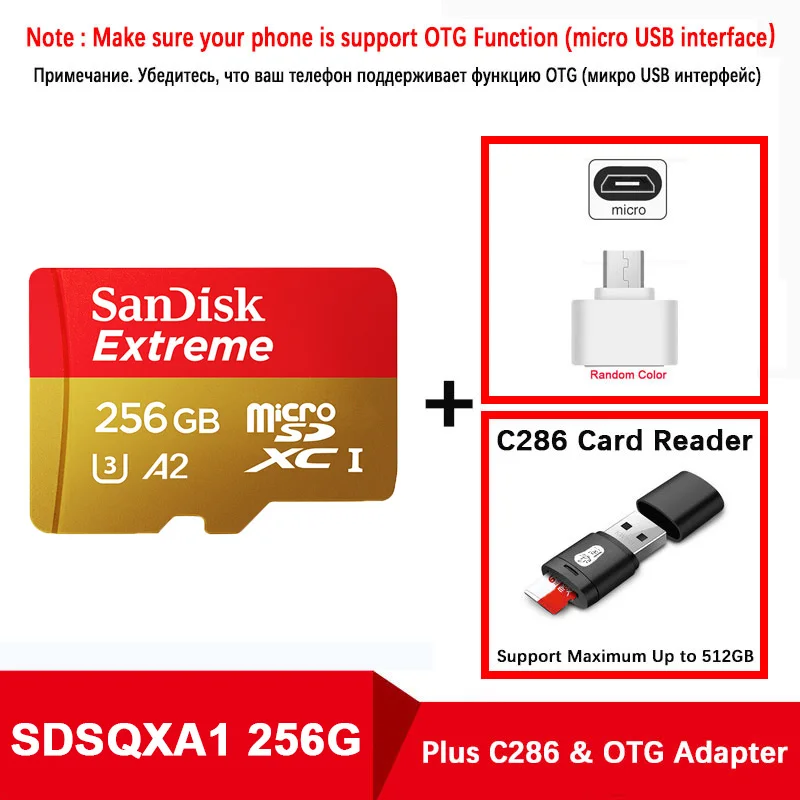 Оригинальная SanDisk карта Micro SD 256GB 160 МБ/с. microSD TF флеш-карта, поддержка официальной проверки 4K Full HD кард-ридер - Емкость: SQXA2-256G-C286-OTG