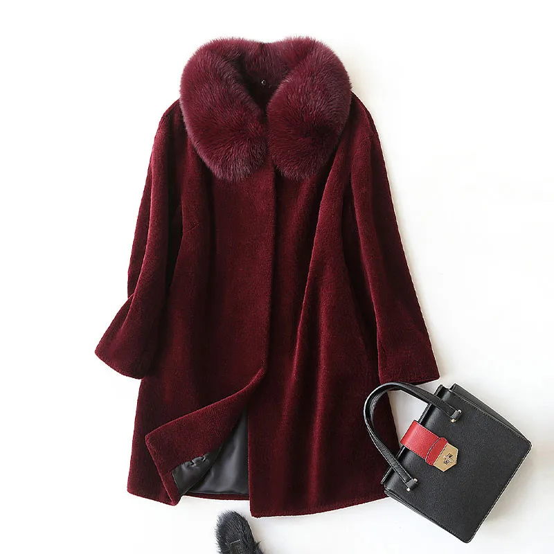 wine Green Red Dark black Des Longueur Naturel Fox D'hiver Femmes Avec Tonte army Veste Chaud caramel Moyen Pardessus Réel Manteau 2018 Wyq910 De Blue Moutons Col Ayunsue Fourrure BgqSnFRg
