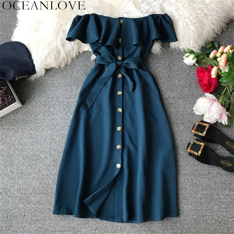 

OCEANLOVE Party Dress Solid Button Ruffles Summer Dress Women Off Shoulder Sashes Lace Up Vestidos A-line Sexy Dresses 12053