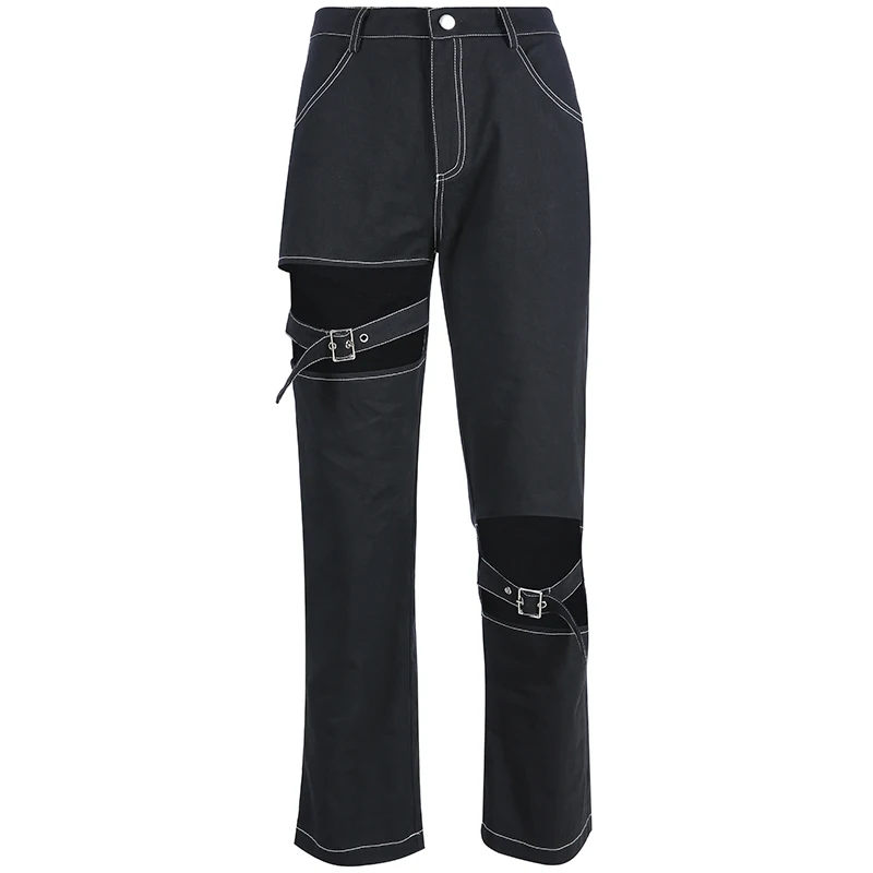 HEYounGIRL повседневные брюки Харадзюку женские черные брюки с высокой талией Капри с вырезами прямые брюки Дамская Готическая летняя уличная одежда