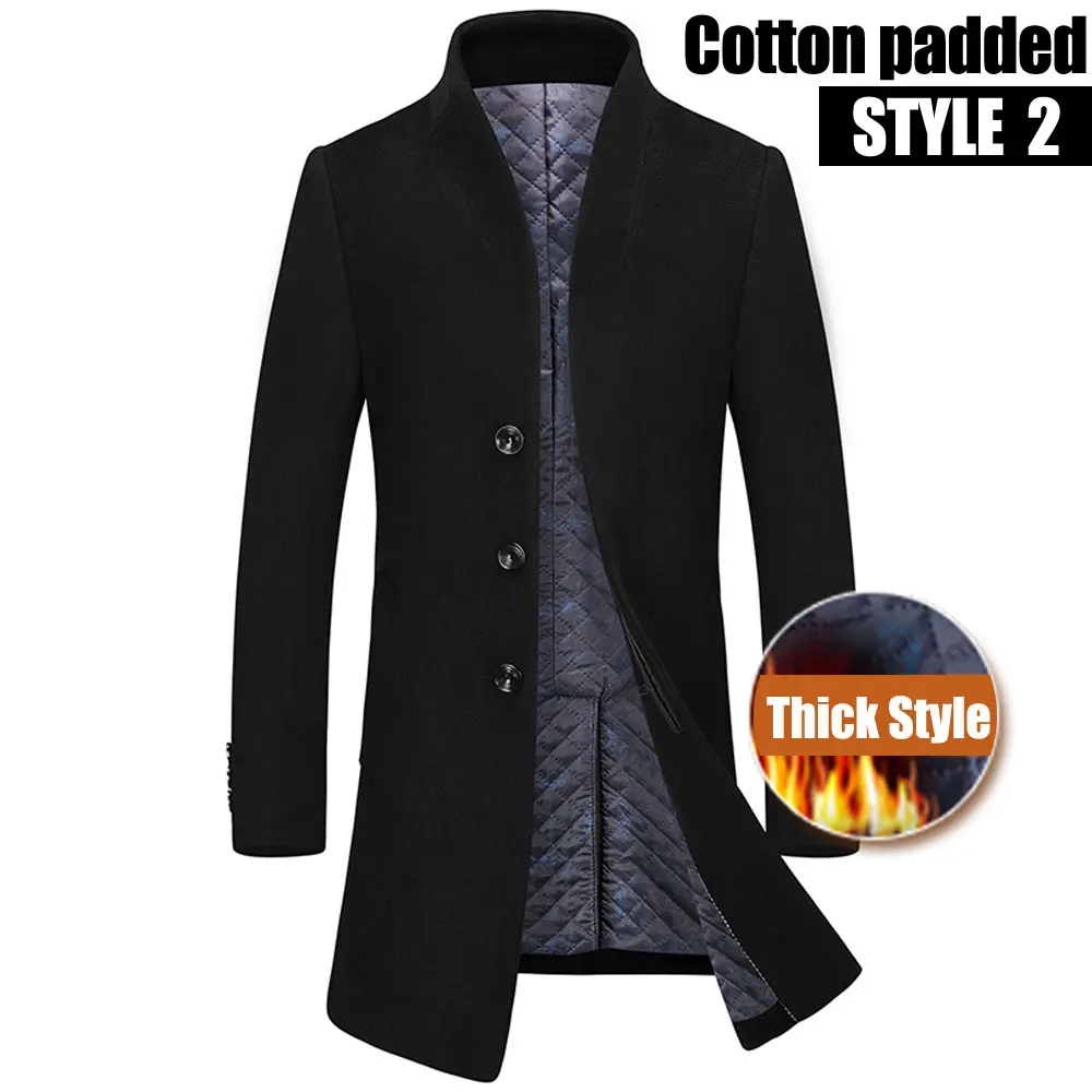 Новинка, утолщенное зимнее шерстяное пальто для мужчин, толстое шерстяное пальто для мужчин, Повседневная модная хлопковая стеганая куртка и пальто, длинные куртки, верхняя одежда - Цвет: Style2 Black