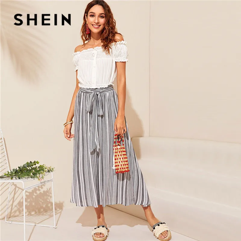 SHEIN, длинная юбка в Вертикальную Полоску с поясом, женская одежда, серая трапециевидная цельнокроеная юбка с высокой талией, Boho, пляжная юбка макси для отпуска