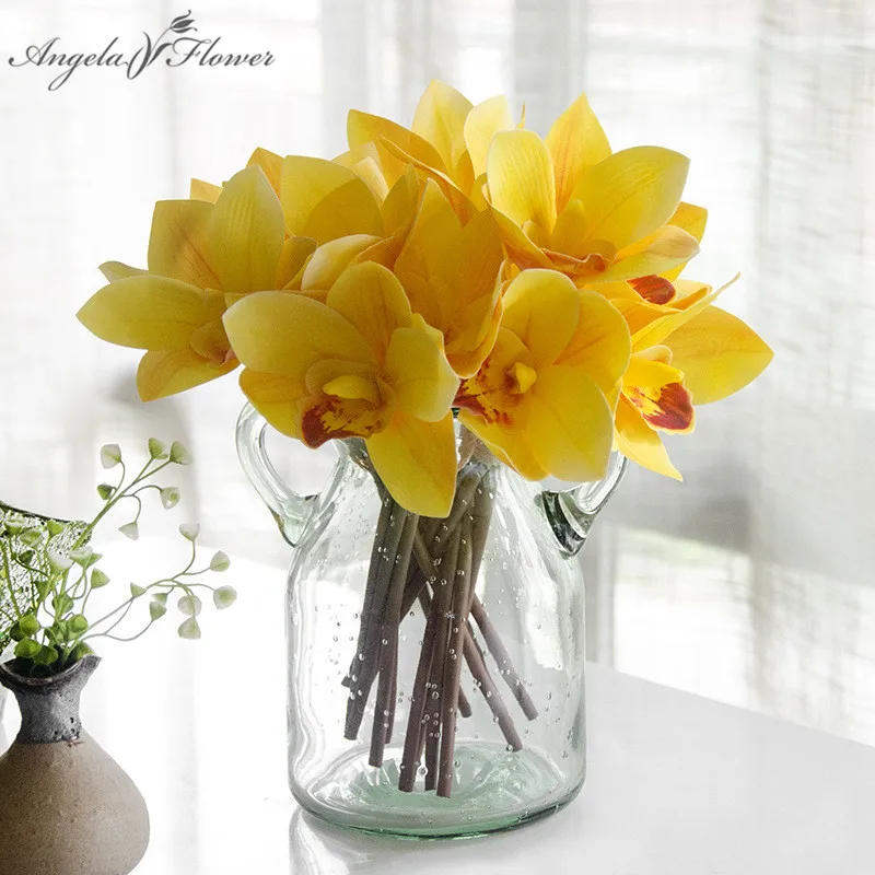 27 см Искусственный цветок цимбидиевый букет Шелковый Флорес искусственный декор для домашнего стола офисный отель Орхидея букет невесты 4 цвета