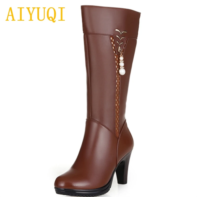 

AIYUQI new genuine leather high knee winter boots women. women martin boots. high-heeled wool boots. fashion snow boots women