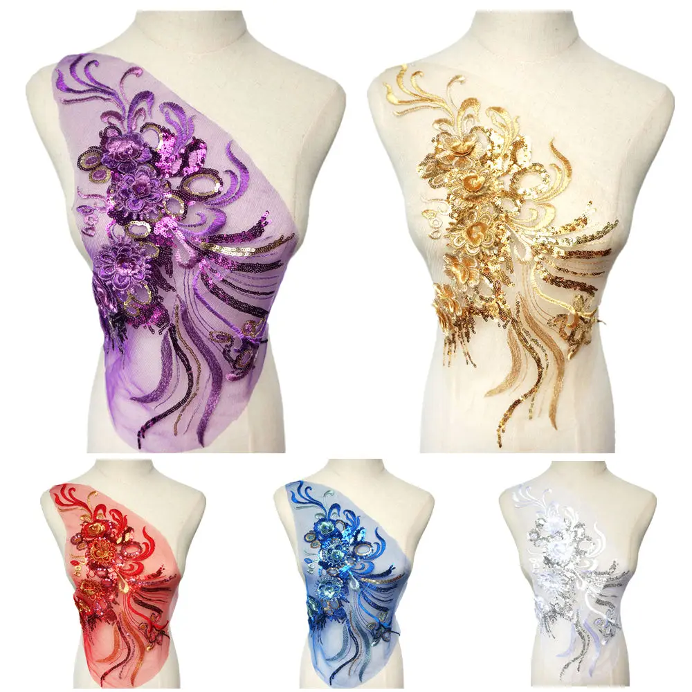 

Gold Silver 3D Flowers Sequin Tassel Embroidered Appliques Mesh Lace Trims Collar Sew On Patch For Wedding Decoration Dress DIY